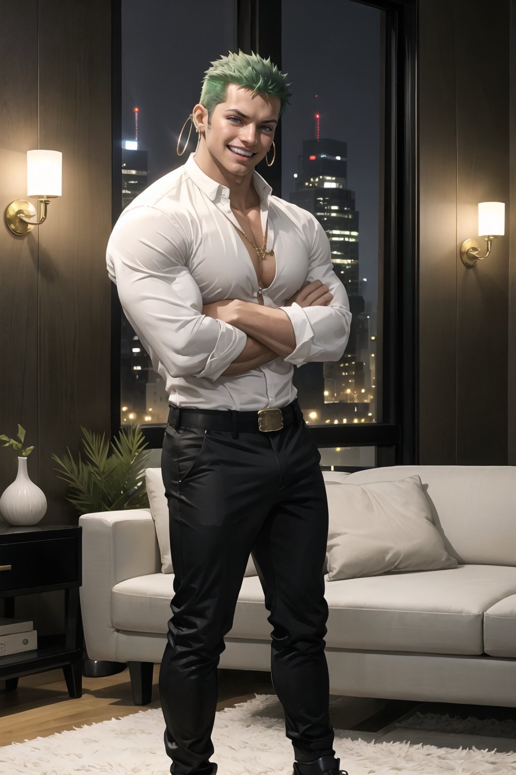 NYC background, man 25 year old, tangaline light sleek double color short hair style, wearing , splash drop color, Barranquilla,roronoamuscular_body, standing , long_sleeves, :), arms_crossed, necklace,
laughing, white_shirt ((large)), unbottoned, black elegant pants, black shoes, muscular, black_hair,roronoa zoro, green_hair,midnight, ear_rings, ring, muscular_body, luxury living room