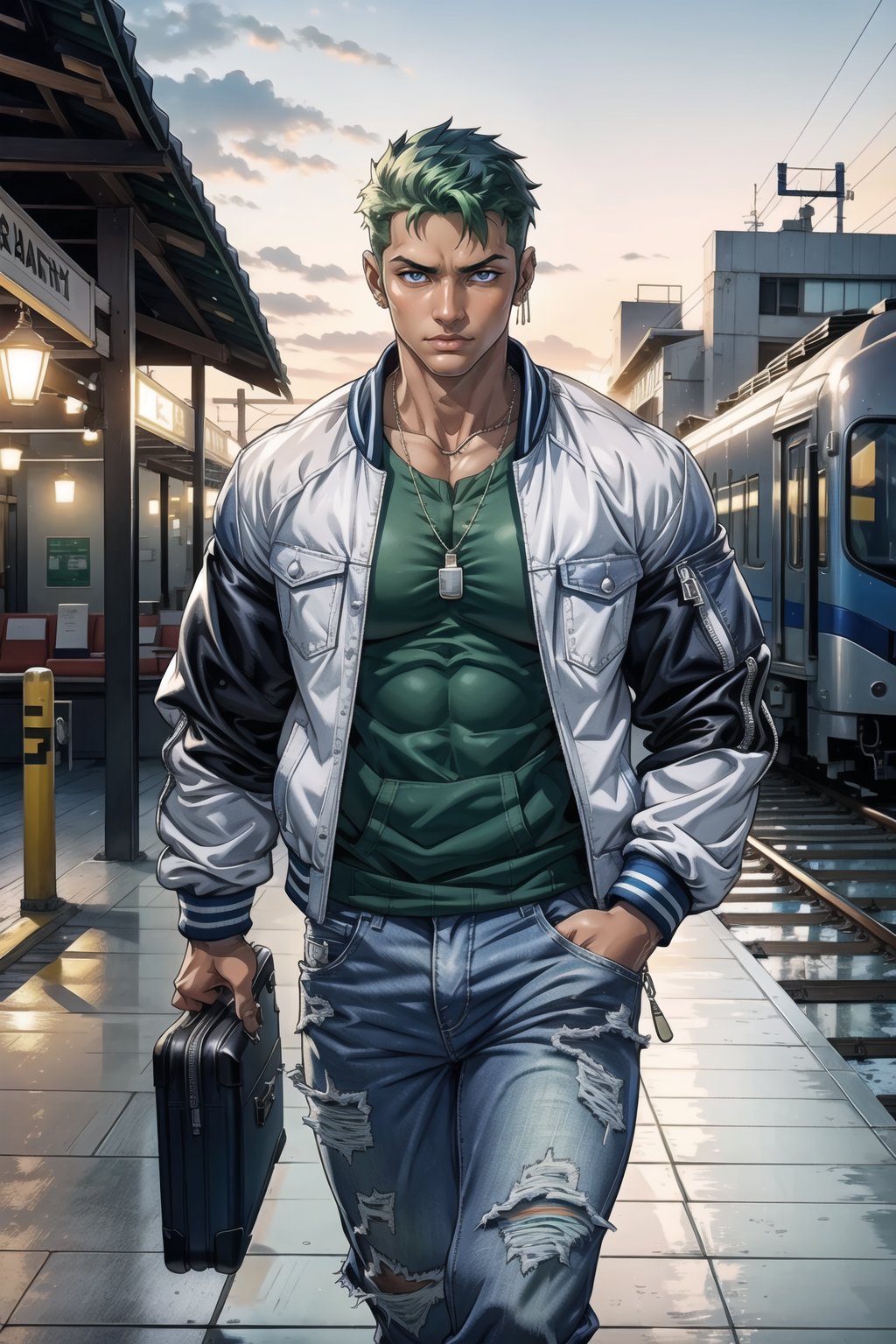 Train station , man 25 year old, tangaline light sleek double color short hair style, wearing , splash drop color, Barranquilla,muscular_body , long_sleeves, arms_crossed, necklace, light blue bomber jacket zipped , white_shirt, baggy fit blue_jeans ,converse, muscular, roronoa zoro, green_hair,evening, ear_rings, ring, rooftop, muscular_body, headphones on, holding suitcase, walking, night, muscular_body