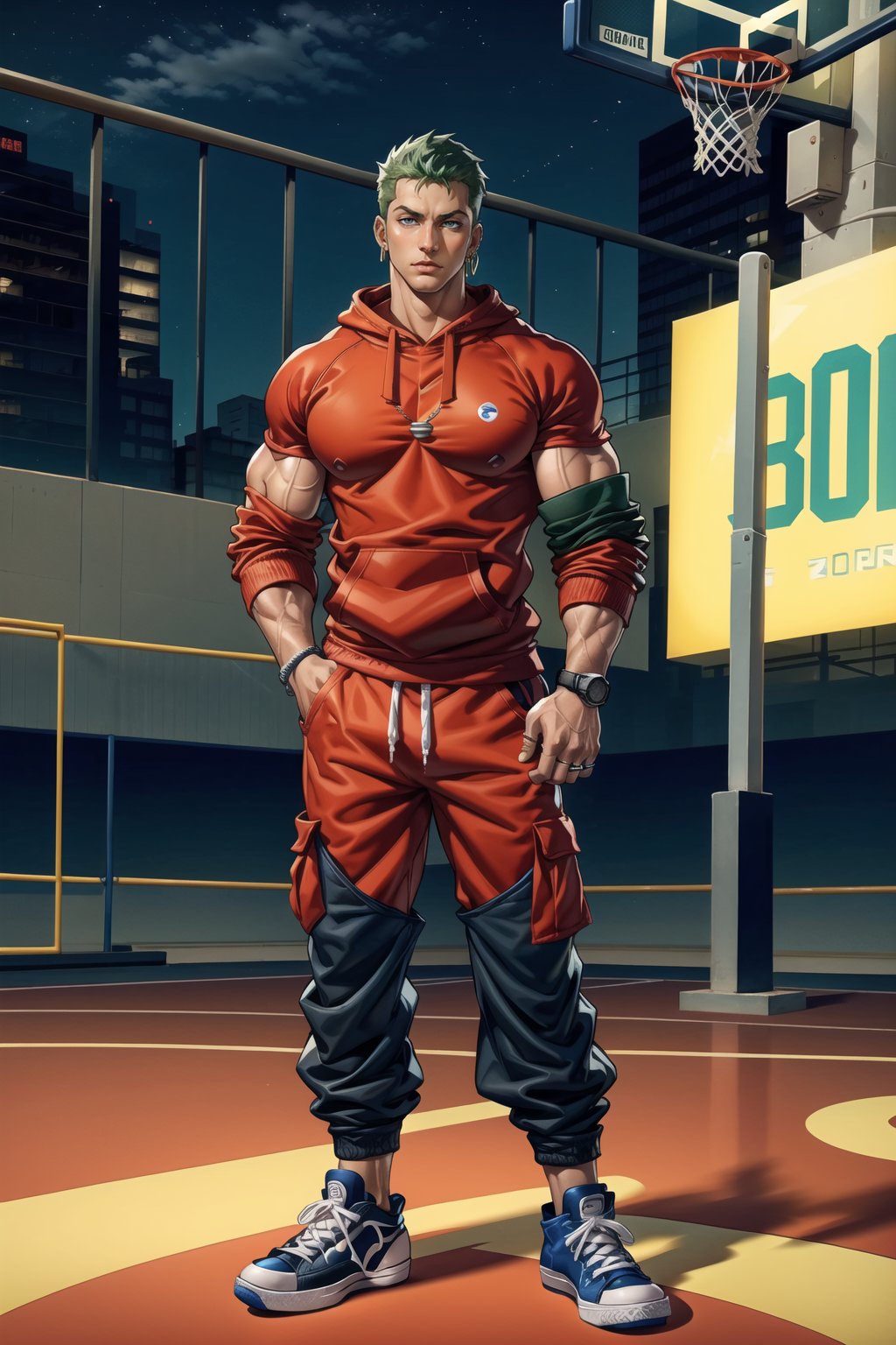 NYC background, outdoor basketball court , man, tangaline light sleek double color short hair style, wearing , splash drop color, Barranquilla,muscular_body ,sweatshirt ((Red sweatshirt with a Blue Number)) , long_sleeves ((half rolled up sleeves)), :), apple_watch, ring necklace, ring, muscular_body, 
roronoa zoro, green_hair, cargo pants ((Blue cargo pants)), converse shoes ((black converse )), muscular,evening, ear_rings, ring, athletic_male,  basketball_clothing, playing basketball in the court, tall, happy, arms_crossed