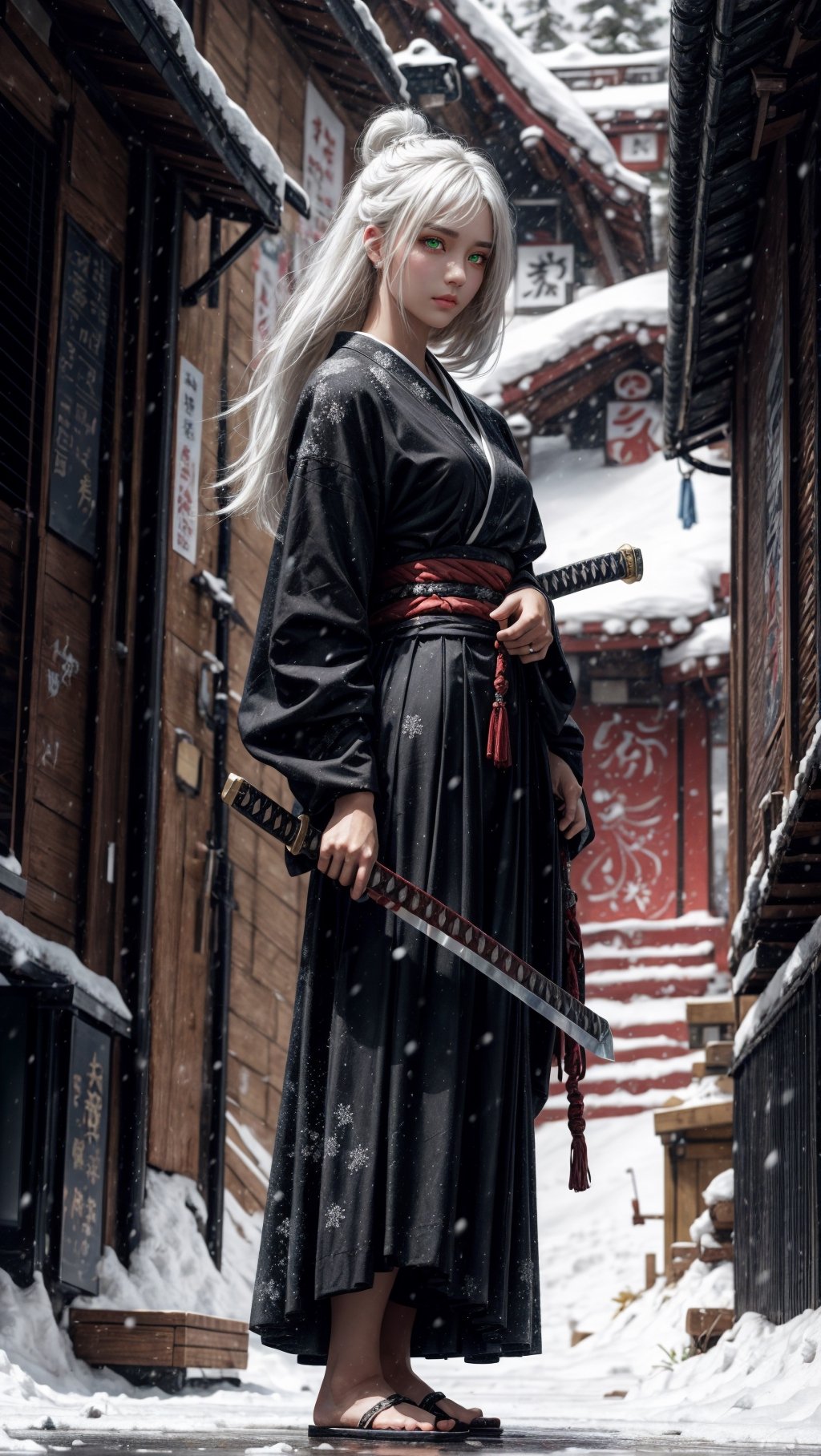 {{{masterpiece}}}, {{{best quality}}}, {{{ultra-detailed}}}, {cinematic lighting}, {illustration}, 1girl,samurai girl,white hair,long hair,hair over front,tight blue hakama,katana,unsheathing katana,snowy background,bloody snow, ,Samurai girl,guweiz style