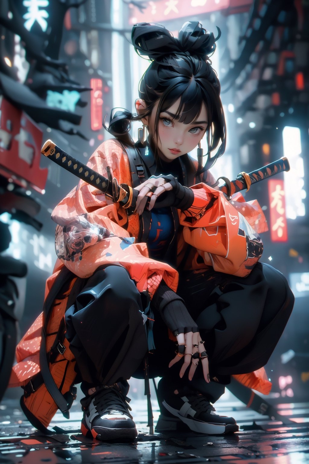 (masterpiece:1.2), best quality,cg,3d, Samurai girl,1girl, solo, sword, weapon, jewelry, sneakers, black hair, shoes, squatting, sheath, katana, hair bun, jacket, blurry, holding, ring, pants, earrings, long sleeves, holding weapon, black pants, blue jacket, holding sword, single hair bun, sheathed, blurry background, bag, depth of field, closed mouth, full body, reflection, looking at viewer, fingerless gloves, long hair, gloves, bangs, brown eyes, sidelocks ,z1l4