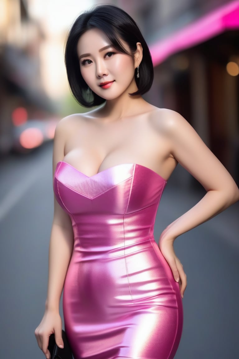 beautiful 65 yo slim Chinese lady with shoulder length hair and small pointy bust, wearing a very short flared glossy strapless pink foil dress, Soft skin, black hair, blurred Street background, beautiful face, realistic, ultra realistic, high quality, huge-boobs, big-breasts, long-breasts, big-boobs,