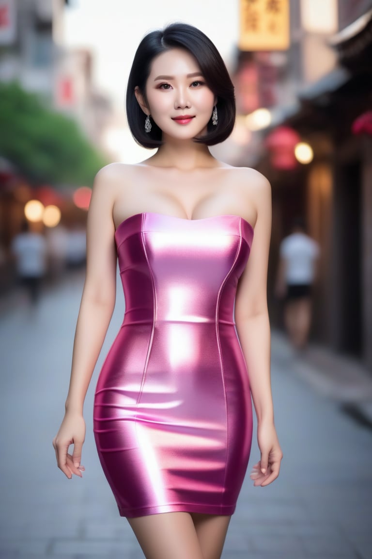 beautiful 65 yo slim Chinese lady with shoulder length hair and small pointy bust, wearing a very short flared glossy strapless pink foil dress, Soft skin, black hair, blurred Street background, beautiful face, realistic, ultra realistic, high quality, huge-boobs, big-breasts, long-breasts, big-boobs,