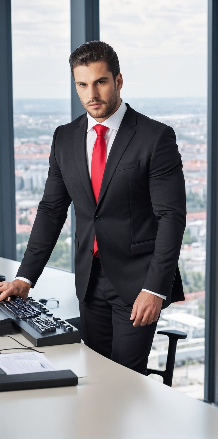 Imagine a full-length man in a large office. The man is sitting behind a desk.

The man is Austrian, 28 years old, very muscular body, black hair, ((black eyes)), very long eyelashes, sensual lips, red lips.

The man wears a dark suit. He is sitting behind a large desk, with a personal computer. The man writes on the computer keyboard, his eyes are on the keyboard. The man sees the keyboard

The man has a serious expression,

The room is a large office, there are desks and tables. A large window behind, from where you can see a large city with many buildings.

The shot is zoomed out to be able to see the man in full body and the immensity of the room.