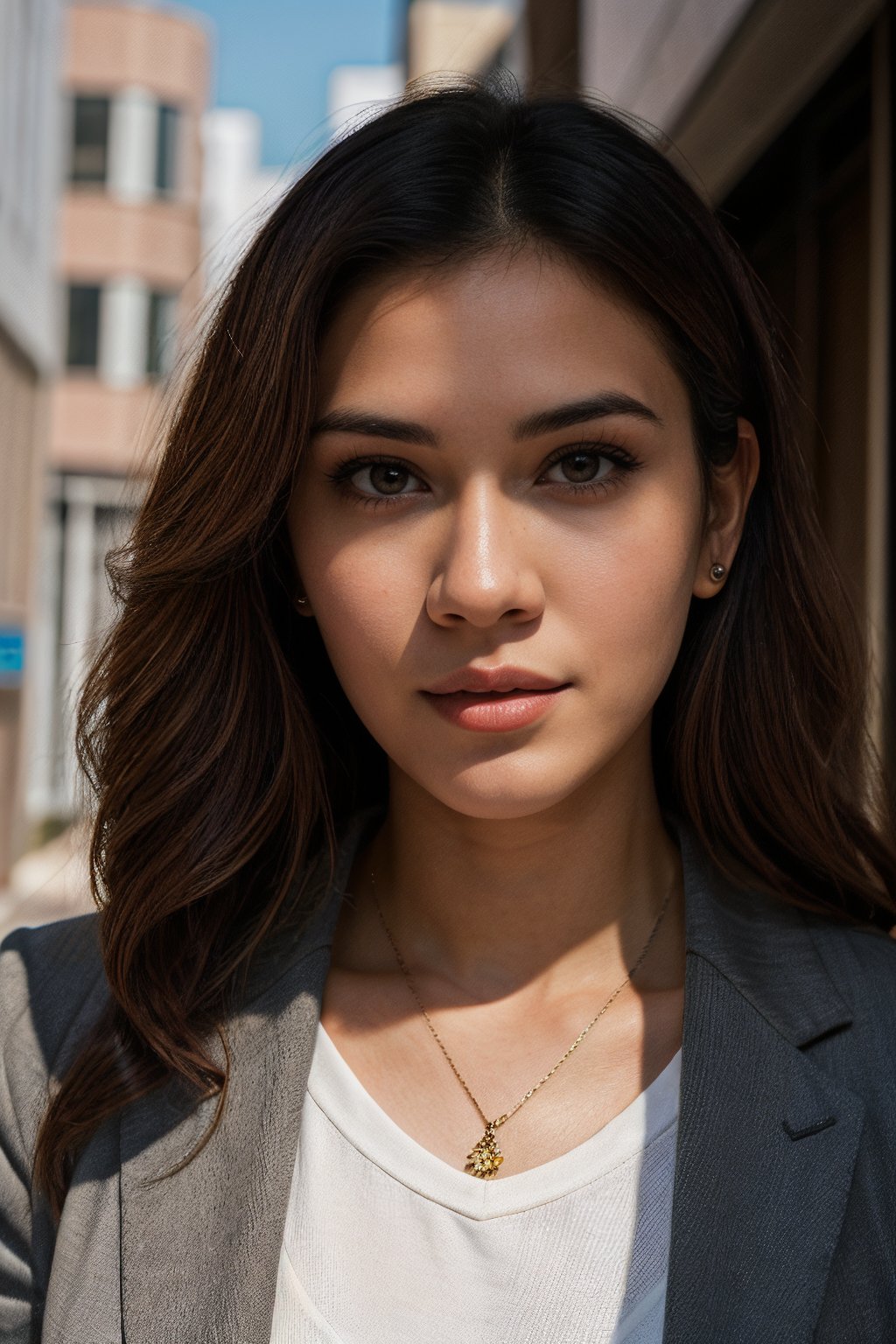  a photo-realistic portrait capturing the strength and resilience of a woman with a determined gaze. Place her in an urban alley with gritty textures and dramatic shadows, emphasizing her empowering presence. ,mt-raisa