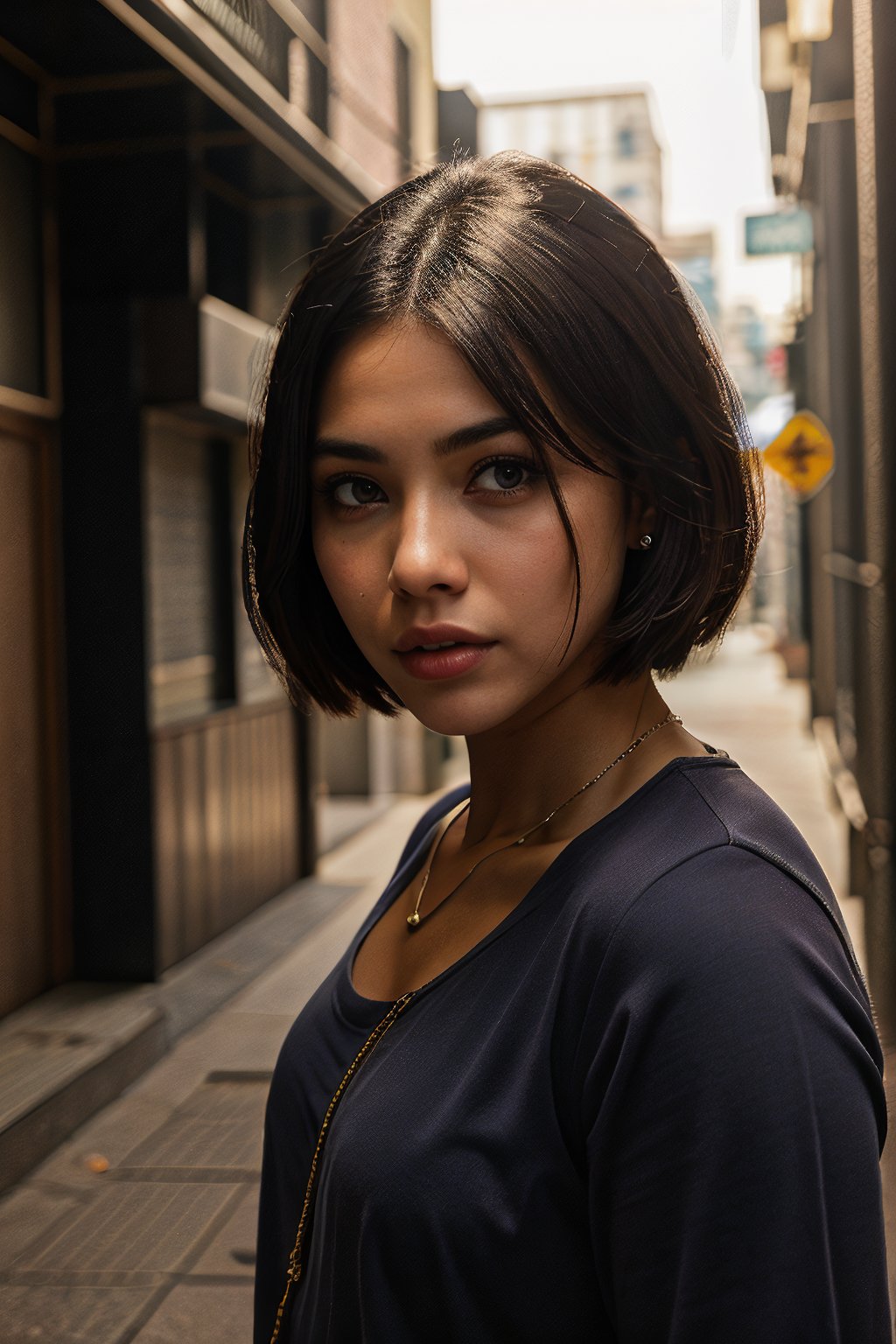  a photo-realistic portrait capturing the strength and resilience of a woman with a determined gaze. Place her in an urban alley with gritty textures and dramatic shadows, emphasizing her empowering presence. mt-wendywalters