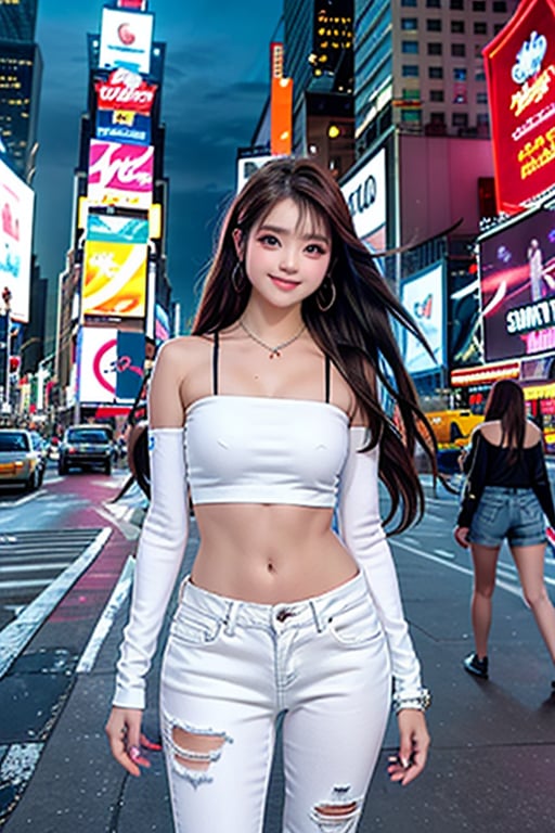 A stunning young woman stands confidently amidst the bright lights of Times Square, her slender figure clad in a fitted white tube top and distressed blue jeans. Her long hair blows gently in the city breeze as she gazes up at the towering digital billboards, a radiant smile illuminating her face.
