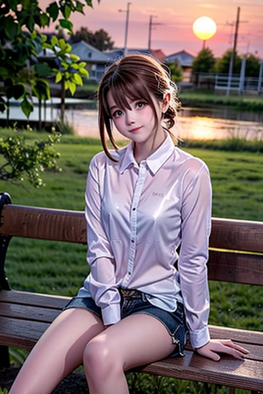 a stunning young woman in a serene twilight scenery, radiant with an air of elegance, sitting on a weathered wooden park bench, softly lit by the warm glow of sunset. Her long sleeve shirts seem to shimmer in the fading light as she wears a shy smile, her eyes downcast, lost in thought.