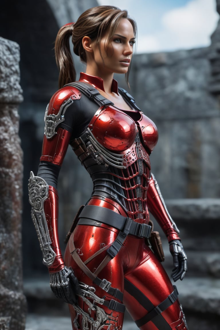 a close up of a statue of lara croft, intricate skeletal decorations, 8 k highly detailed, a detailed full body photo of a female lara croft cyborg with red metal, sexy armor suit, most sexy,  most beautiful actress Lara croft, updo ponytail hair, full body, facing viewer with cyborg style,a girl like lara croft formed of shiny red glaze, swimsuit style crotch piece, full body sexy armor, full body shot, intricate skeletal decorations, b3rli