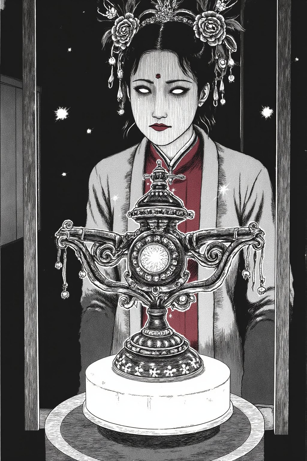 Junji Ito style, a black and white drawing of a Chinese woman in traditional Tang dynasty costume, standing behind a display case in a dimly lit museum. She wears an elaborate hairstyle with ornate gold floral hairpins and dangling pearl accessories. Her makeup is traditional with red lips and a small red design on her forehead. The woman's clothing features a red inner robe with gold embroidery and a light-colored outer robe. In the foreground, a beautifully crafted antique candlestick or lamp is displayed on a white pedestal, illuminated from below. The woman is intently focused on the artifact, her gaze directed downward at the display case rather than at the camera. The lighting is dramatic, creating a soft glow on the woman's face and the artifact. The background is dark, with small pinpoints of light visible, possibly from other display cases. The composition is centered, with the woman slightly to the left and the artifact to the right, creating a balanced and captivating scene that evokes the elegance of ancient Chinese culture and the woman's deep interest in the historical piece.
