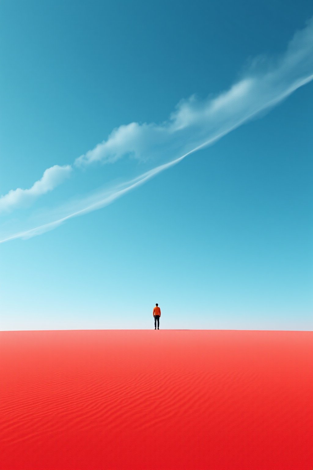 Minimalist, surreal landscape featuring a lone figure standing on a vast, red desert that stretches into the horizon. The ground is smooth with subtle textures, creating a sense of motion across the red surface. Above, the sky is a vibrant gradient of blue, with soft, flowing white clouds sweeping diagonally across the scene. The solitary figure is small in scale, emphasizing the immense space and isolation. The overall composition is simple yet striking, with bold color contrasts between the red desert and the blue sky, evoking a dreamlike, contemplative atmosphere