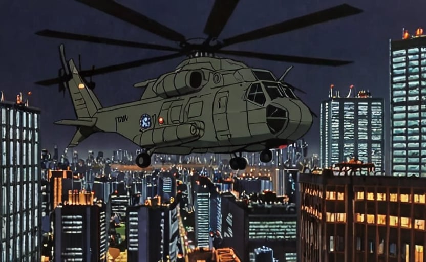 a frame of a animated film of a large military helicopter flying over new tokyo at night, style akirafilm 