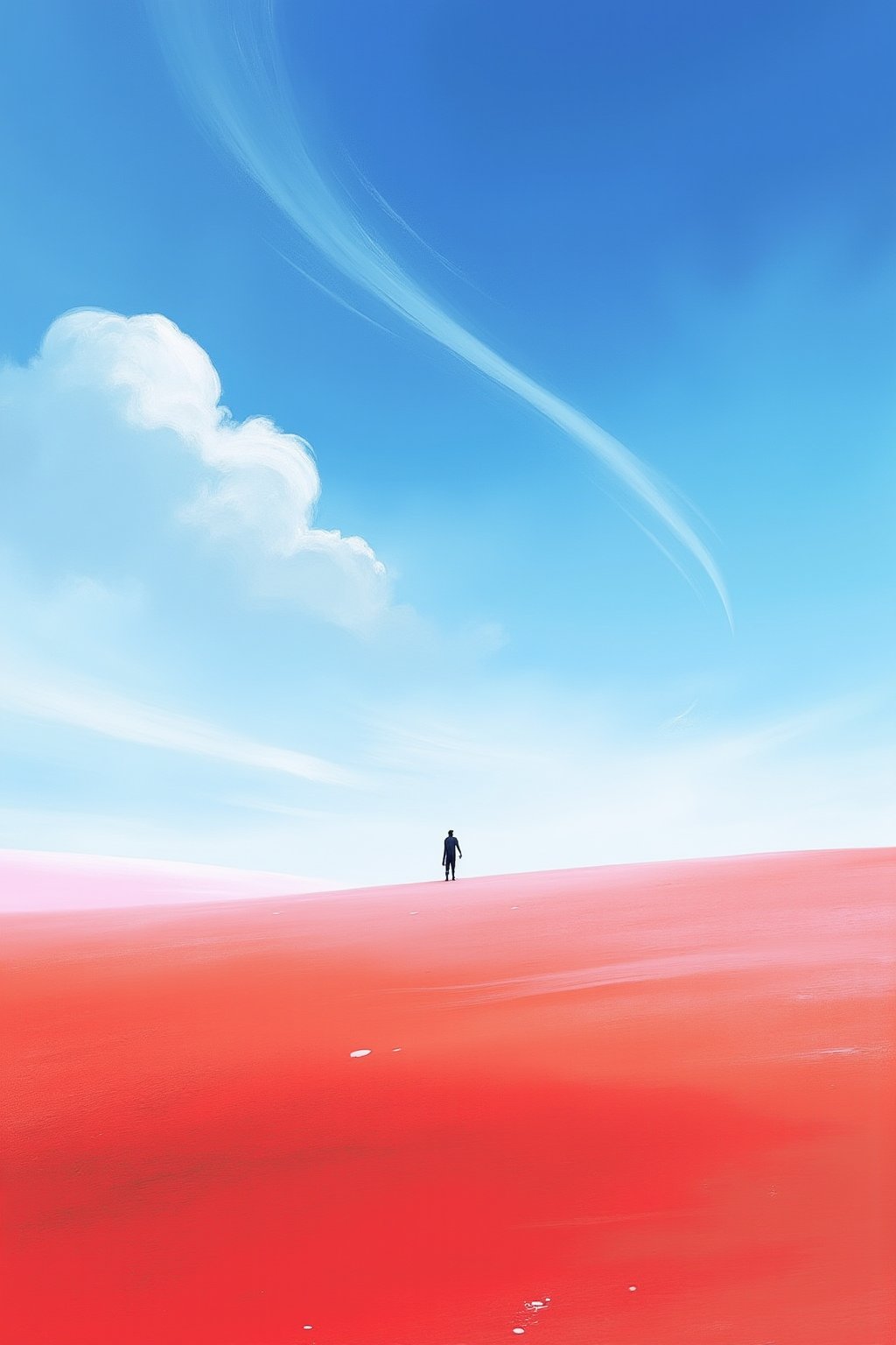 Minimalist, surreal landscape featuring a lone figure standing on a vast, red desert that stretches into the horizon. The ground is smooth with subtle textures, creating a sense of motion across the red surface. Above, the sky is a vibrant gradient of blue, with soft, flowing white clouds sweeping diagonally across the scene. The solitary figure is small in scale, emphasizing the immense space and isolation. The overall composition is simple yet striking, with bold color contrasts between the red desert and the blue sky, evoking a dreamlike, contemplative atmosphere