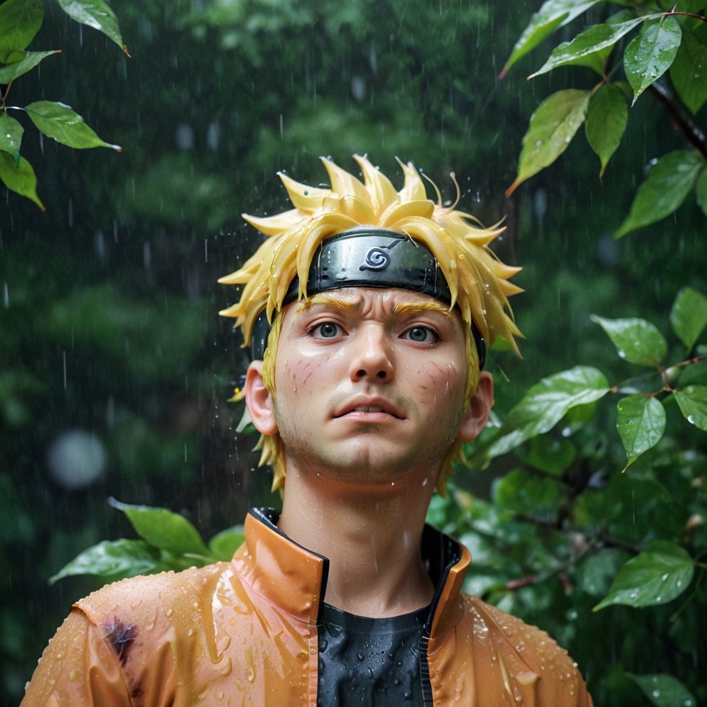 Photo, Closeup Profile of Naruto Looking up in heavy rain, surrounded by leaves, highly detailed, dramatic, Canon 5d Mark 4, Kodak Ektar, 