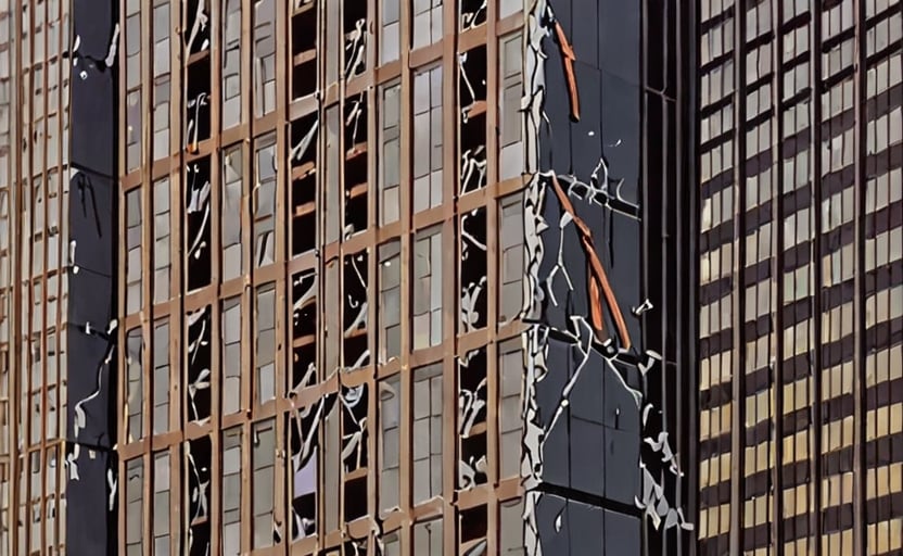 a frame of a animated film of a destroyed skyscraper building, style akirafilm 