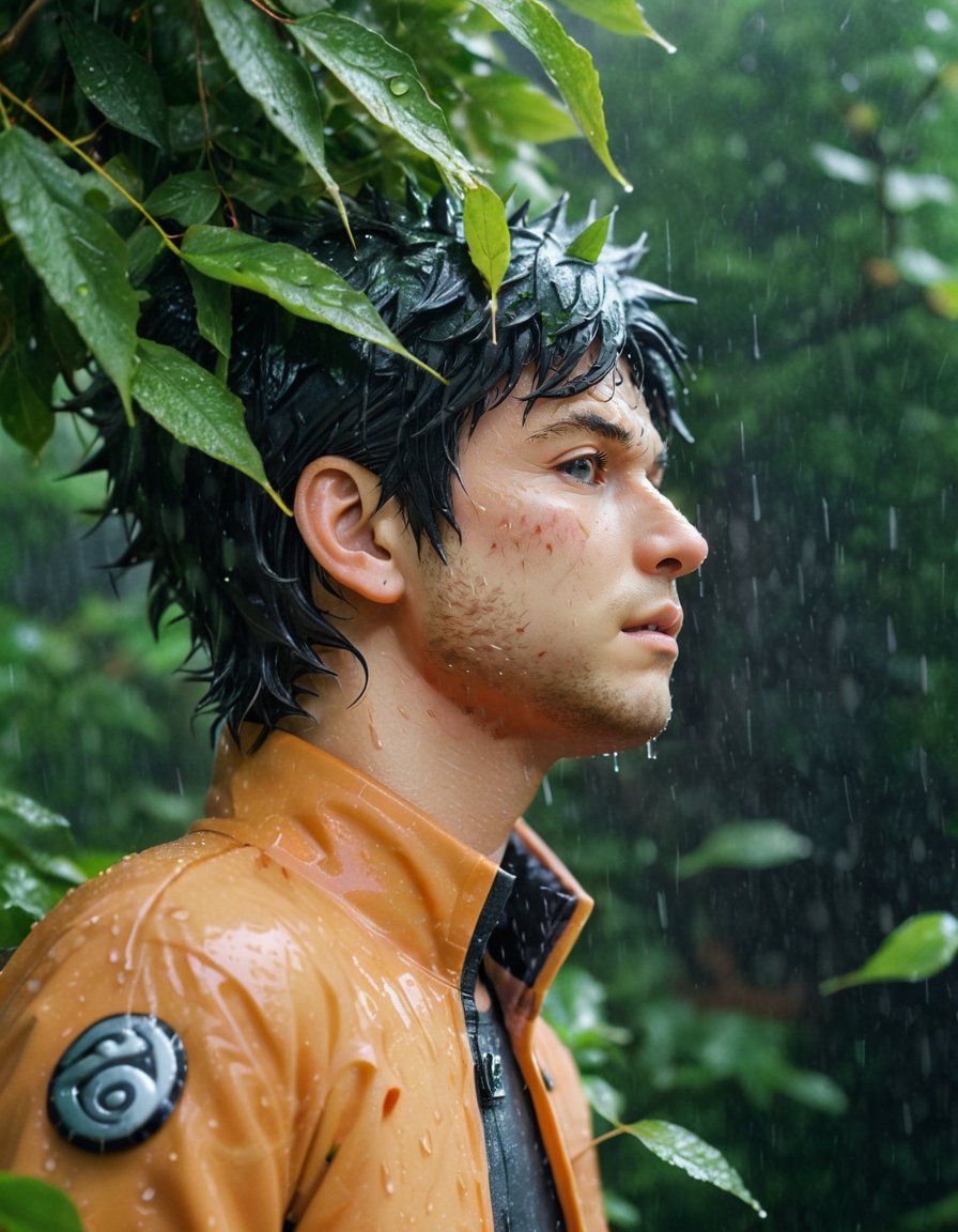 Photo, Closeup Profile of Naruto Looking up in heavy rain, surrounded by leaves, highly detailed, dramatic, Canon 5d Mark 4, Kodak Ektar, 