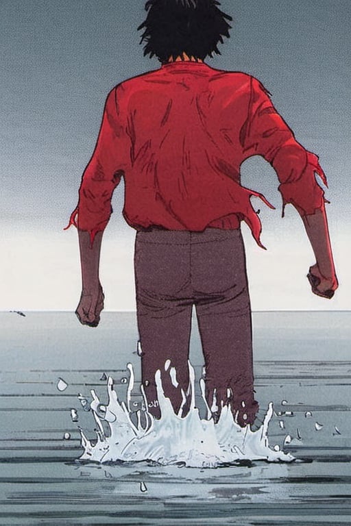 Comic panel illustration. Close up of Man walking through shallow water.  Greay shirt with a ragged red scarf, back view, akira style,