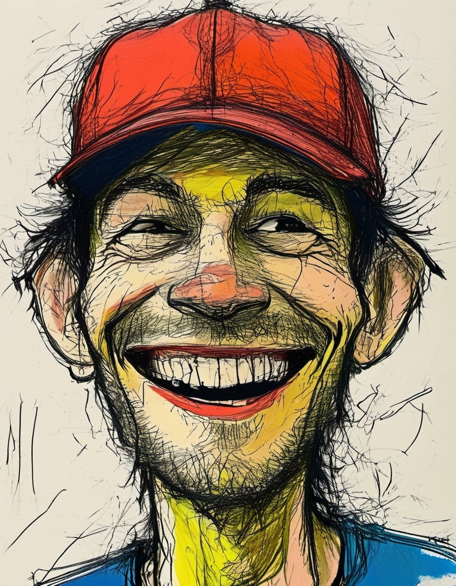 color mdsktch of a man wearing a baseball cap grinning 