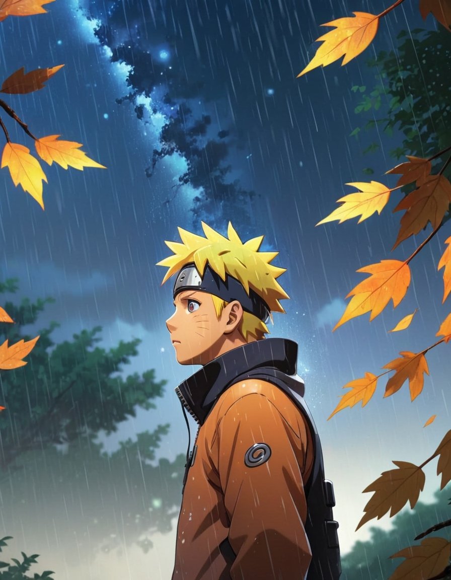 Photo Profile of Naruto looking up at the stars in heavy rain, wet leaves anime style, key visual, vibrant, studio anime, highly detailed,Dreamyvibes Artstyle