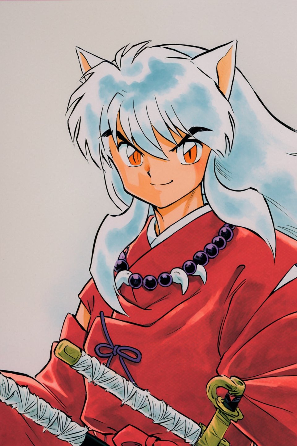 Inuyasha, 1boy, animal ears, solo, male focus, long hair, white hair, sword, dog ears, red japanese clothes, jewelry, necklace, smile, white background, simple background, katana, wide sleeves, bead necklace, beads, traditional media