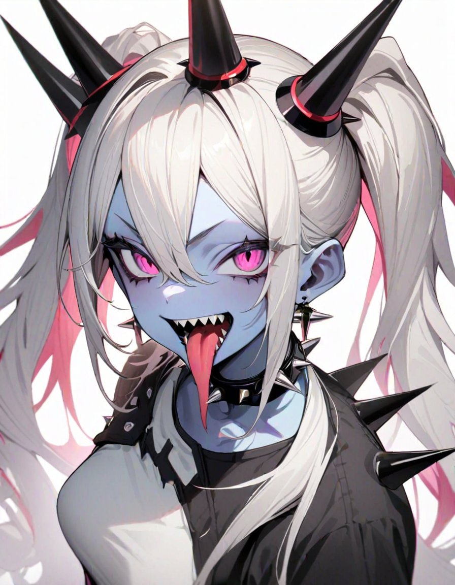 masterpiece,best quality,very aesthetic,absurdres,1girl,black choker,black eyes,choker,collar,colored skin,earrings,fingernails,forked tongue,jewelry,long fingernails,long hair,open mouth,pink eyes,sharp teeth,simple background,solo,spiked collar,spikes,teeth,tongue,tongue out,twintails,upper body,white background,white hair,white skin,,