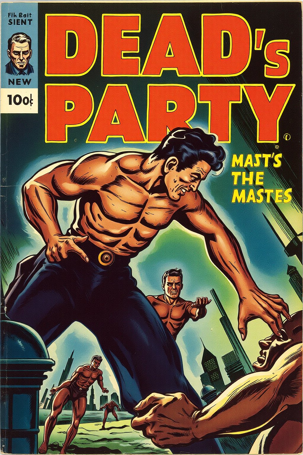 it’s a dead man’s party. Who could ask for more? Everybody’s coming. Leave your body at the door. 
vintage comic book cover, 1950s pulp art style