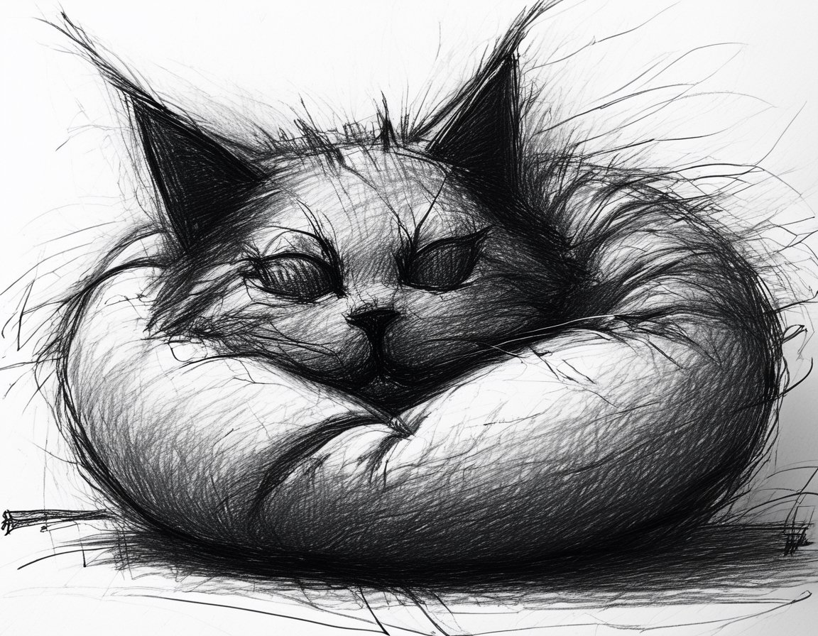 mdsktch sketch of a cat curled up in a ball on a sofa