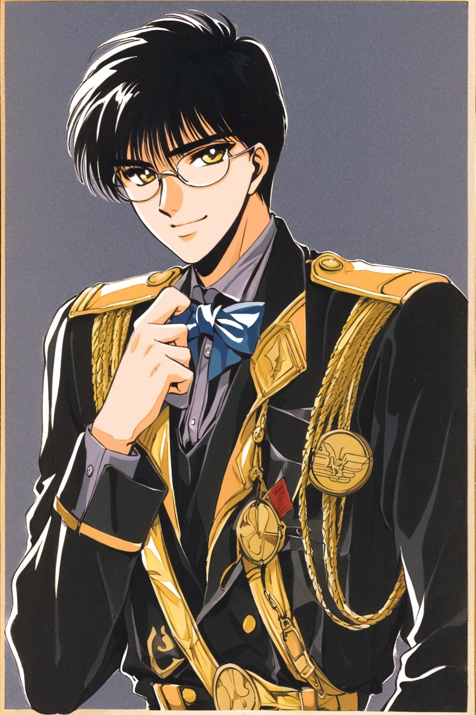 Seishiro Sakurazuka, 1boy, male focus, solo, black hair, glasses, yellow eyes, looking at viewer, retro artstyle, black background, smile, uniform, bow, bowtie, 1990s (style), simple background, traditional media