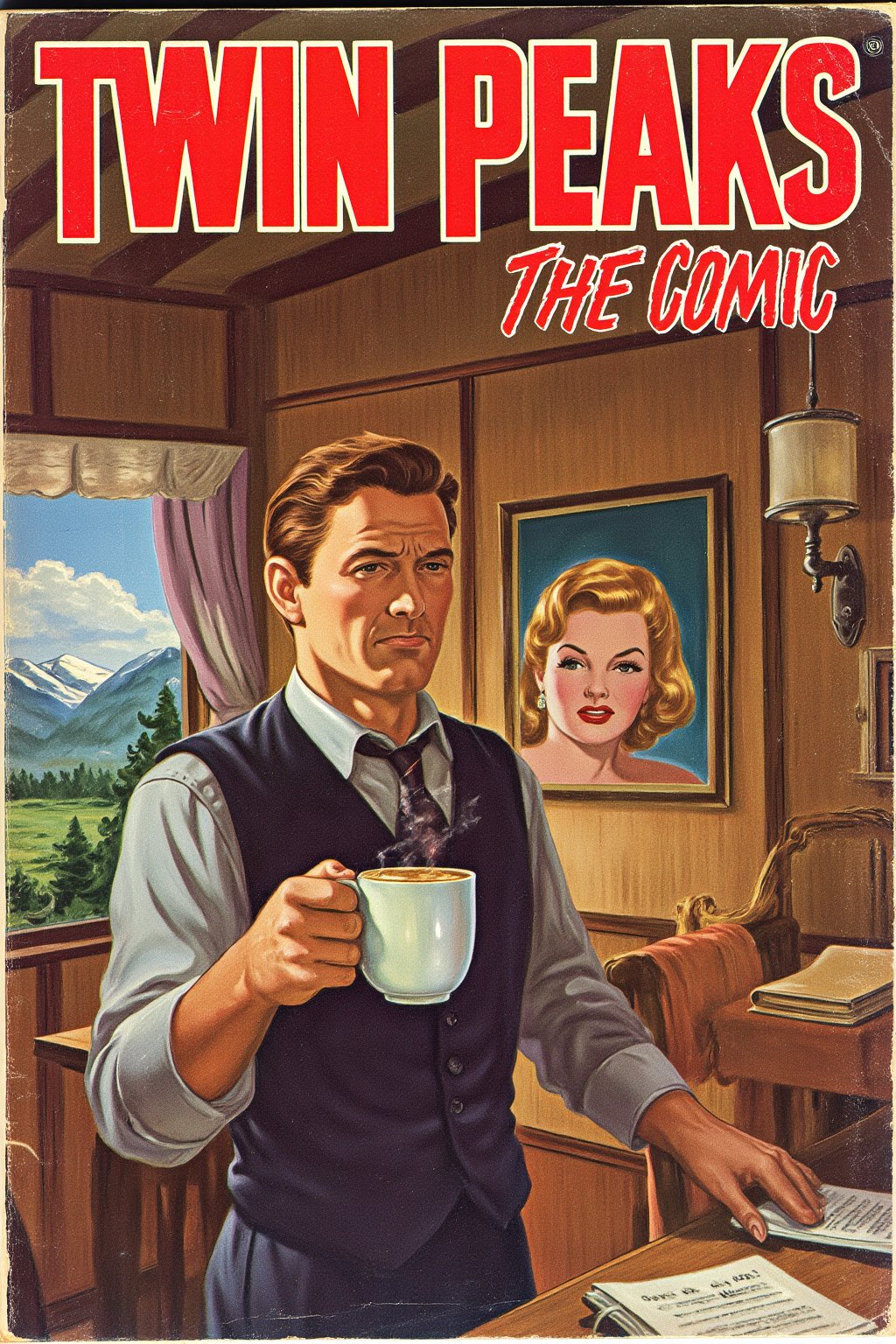 vintage comic book cover of "Twin Peaks" "the comic", 1950s Pulp art style aesthetics, Special agent dale cooper holding a cup of coffee in a lodge style mountain hotel setting, in the background is a framed picture of Laura Palmer,