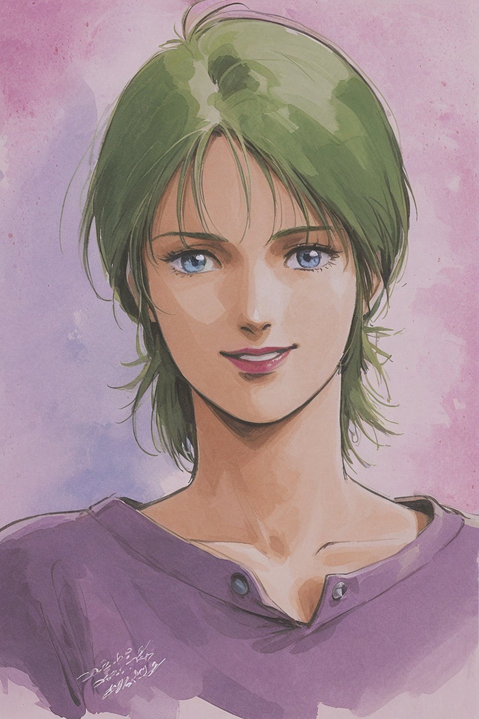 Four Murasame, 1girl, solo, short hair, signature, traditional media, blue eyes, green hair, collarbone, smile, looking at viewer, portrait, purple shirt, lipstick, upper body, dated, watercolor