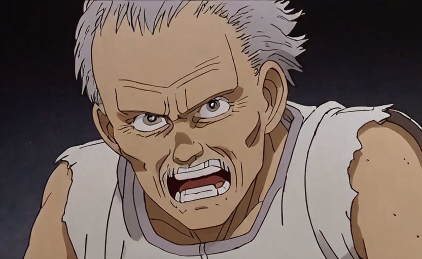 a frame of a animated film of  an ashen skin old man, white skin , style akirafilm 