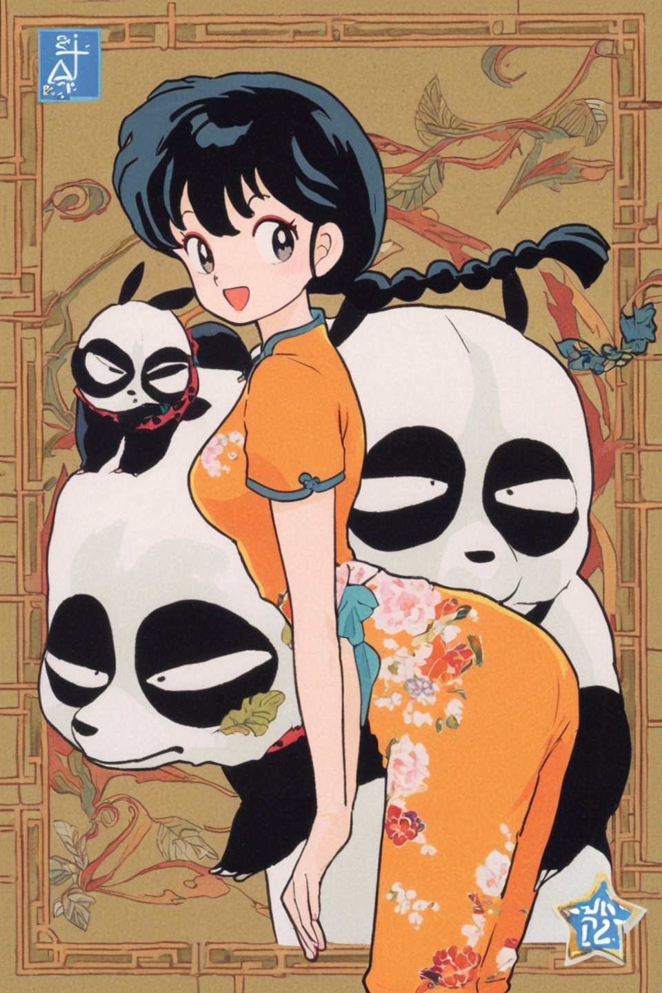 panda, 1girl, black hair, ranma-chan, braid, floral print, smile, orange shirt, short sleeves, retro artstyle, looking at viewer, pants, shirt, open mouth, signature, black eyes, solo, single braid, chinese clothes, leaning forward, braided ponytail