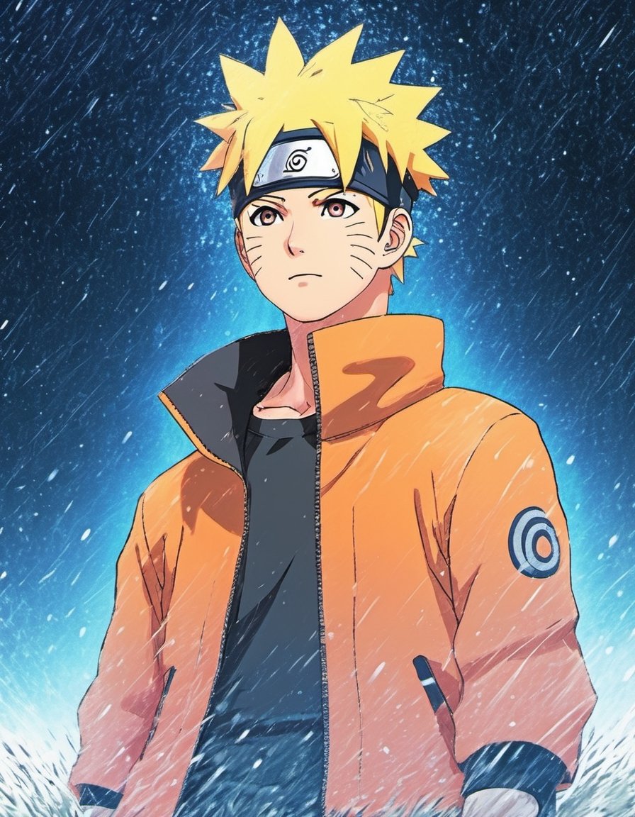 Photo Profile of Naruto looking up at the stars in heavy rain, wet leaves anime style, key visual, vibrant, studio anime, highly detailed,Dreamyvibes Artstyle