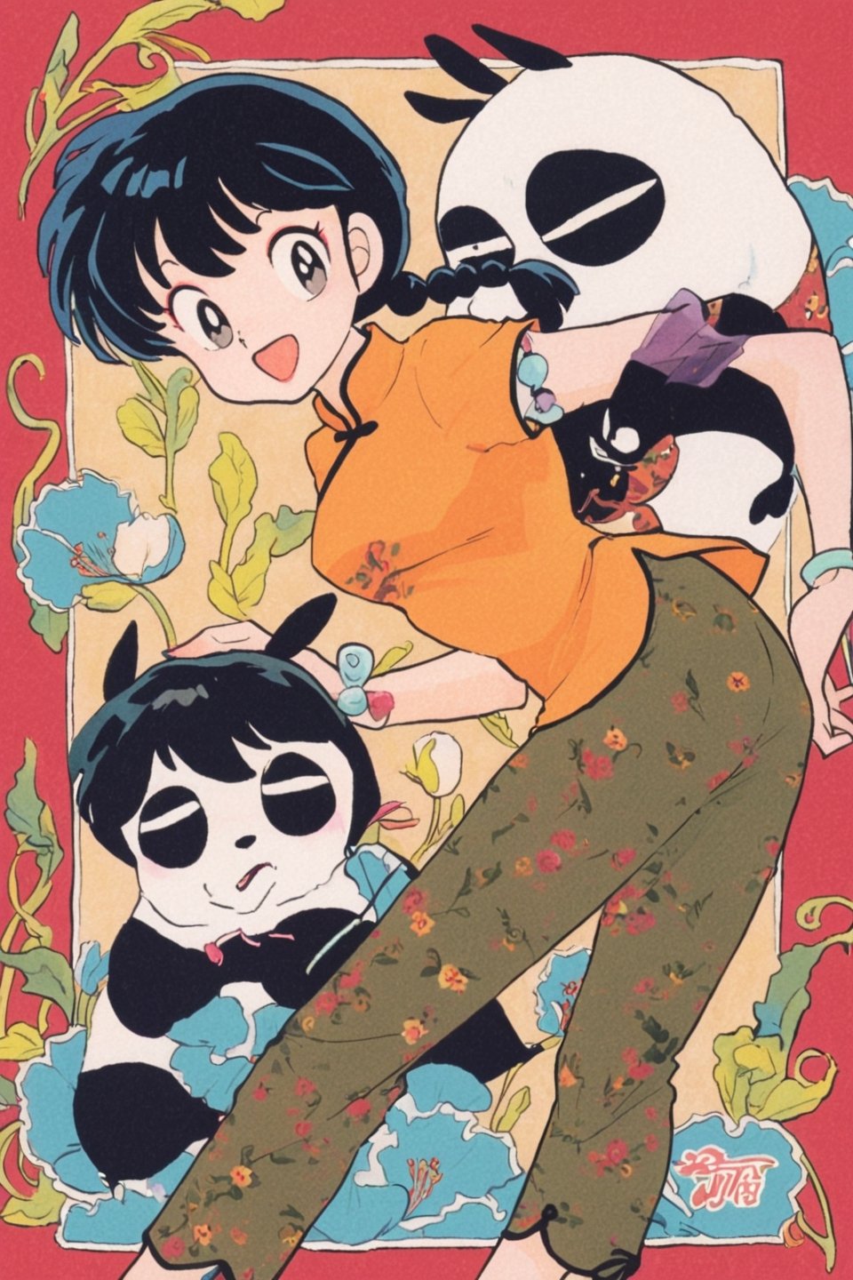 panda, 1girl, black hair, ranma-chan, braid, floral print, smile, orange shirt, short sleeves, retro artstyle, looking at viewer, pants, shirt, open mouth, signature, black eyes, solo, single braid, chinese clothes, leaning forward, braided ponytail