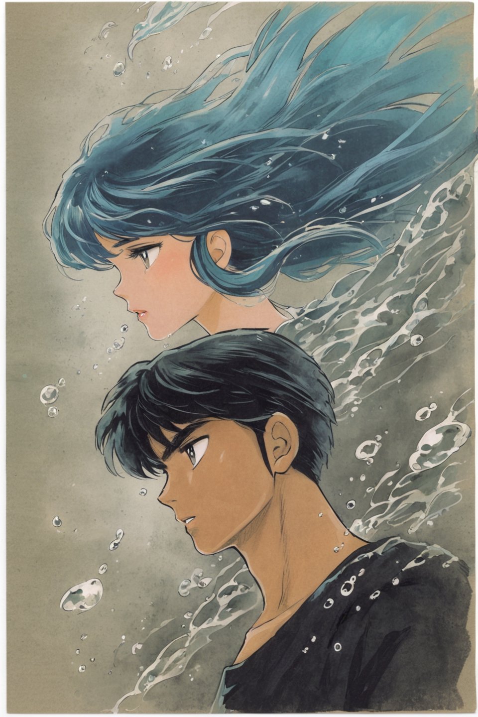 1girl, 1boy, dark skin, long hair, bubble, black hair, short hair, border, blue hair, dark-skinned male, upper body, shirt, white border, profile, parted lips, underwater, black shirt, floating hair, air bubble, traditional media