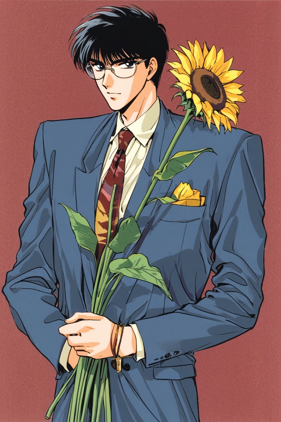 Seishiro Sakurazuka,1boy,male focus,solo,flower,sunflower,black hair,holding,blue background,hand in pocket,retro artstyle,holding flower,long sleeves,glasses,looking at viewer,simple background,formal,cowboy shot,suit,necktie,short hair,1990s (style),blue jacket,shirt,scar on face,standing,traditional media