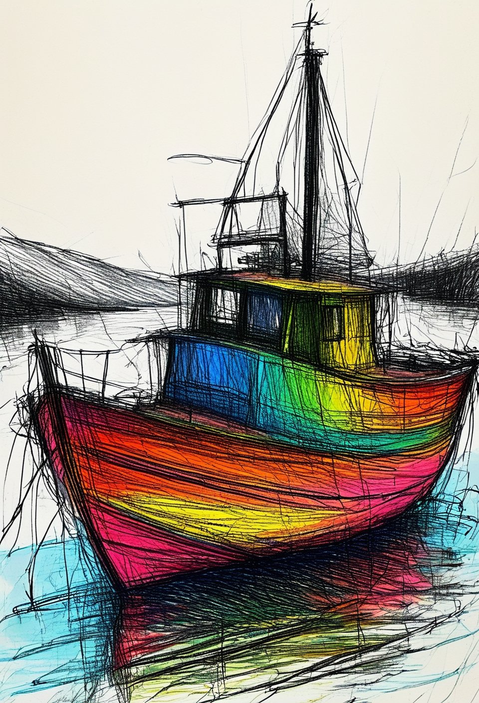 color mdsktch sketch of a boat on the water in a loch