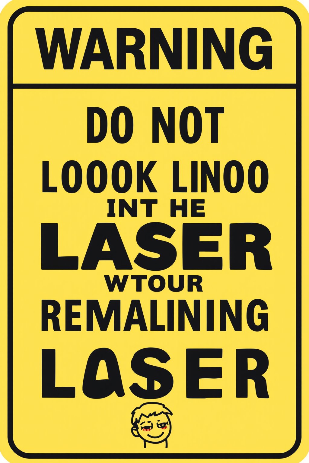 Design a humorous and cautionary warning sign for a laser physics lab. The sign prominently features bold, attention-grabbing text that reads, 'Do not look into the laser with your remaining good eye.' The text should be styled in a way that is both clear and slightly tongue-in-cheek, with a mix of serious and playful fonts. The background should have typical lab safety colors, like bright yellow or red, and include simple, iconic laser beam graphics. Additionally, incorporate a small illustration of a person with one eye closed, humorously emphasizing the warning. The overall design should balance between being informative and light-hearted, making the safety message memorable and engaging