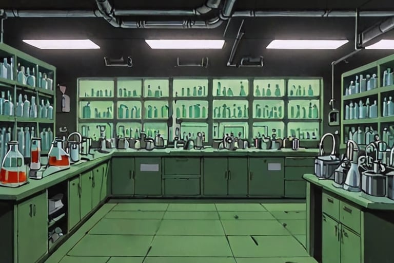 a frame of a animated film of  a chemical laboratory in neo tokyo, style akirafilm 