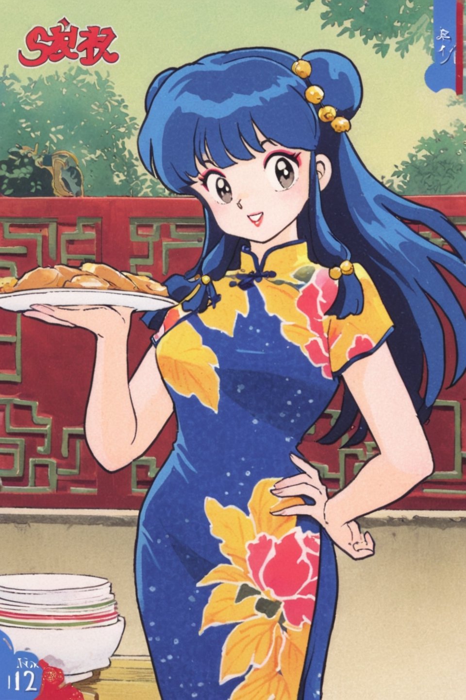 1girl,  shampoo (ranma 1/2),  solo,  long hair,  holding,  apron,  chinese clothes,  hair bun,  food,  retro artstyle,  double bun,  hair ornament,  hand on hip,  looking at viewer,  smile,  dress,  makeup,  holding plate,  china dress,  short sleeves,  sidelocks,  black eyes,  bangs,  hair bell,  bell,  floral print,  bowl,  blue hair,  parted lips,  cowboy shot,  1980s (style)