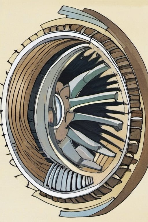 Illustration of a cross section of a jet engine turbine  by David Macaulay 