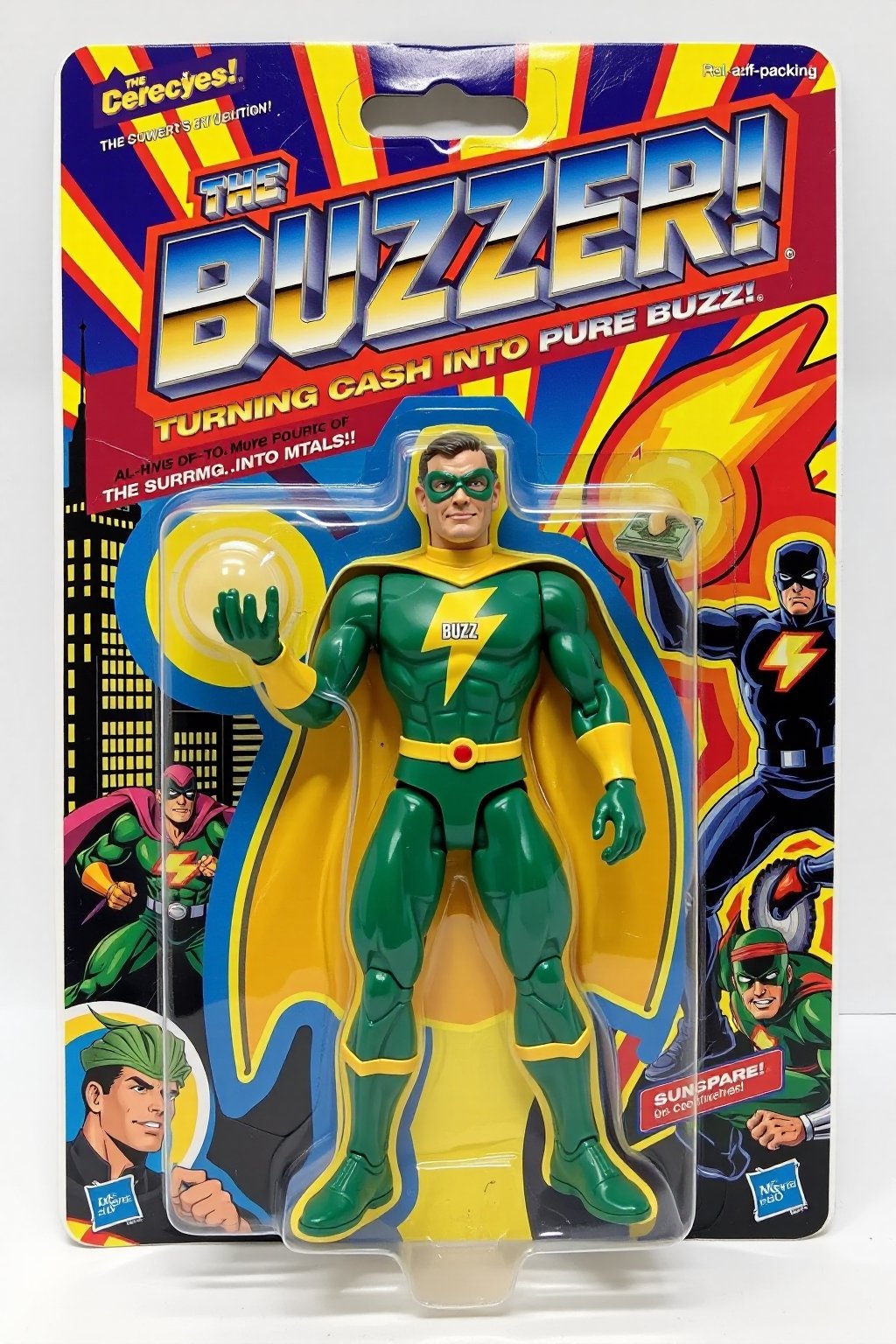 An unopened action figure package featuring "The Buzzer," a superhero who has the power to turn money into buzz. The action figure stands proudly in the package, wearing a sleek green and gold suit with the word "Buzz" on his chest and a stylized lightning bolt symbol on his cape. In one hand, he holds a glowing "buzz" energy orb, while the other hand clenches a wad of cash that is transforming into a glowing buzz cloud. The packaging is colorful and bold, with comic-style illustrations of "The Buzzer" in action on the sides. The name "The Buzzer" is written in big, bold, metallic letters at the top, with the tagline "Turning cash into pure buzz!" above. The background inside the package is a cityscape, reinforcing the superhero theme with a ral-afpacking logo at the top-left corner. 