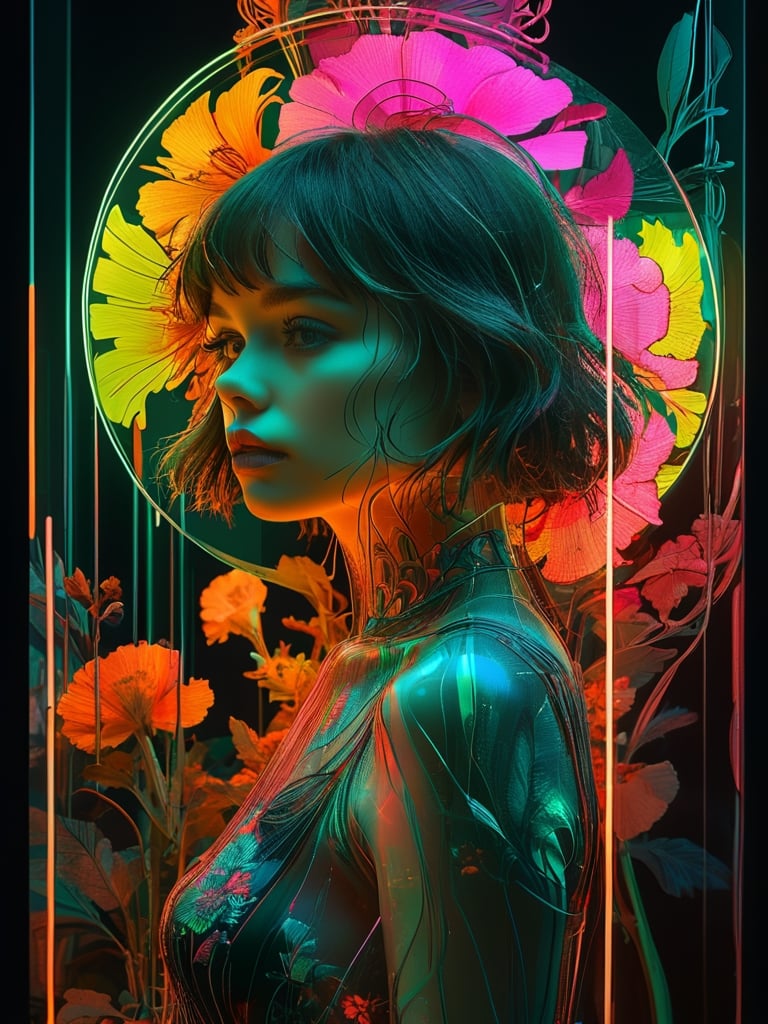 1girl, in the style of double exposure, neon art nouveau, long exposure, wimmelbilder, layered lines, neonpunk, chiaroscuro, best quality, masterpiece, highres, absurdres, incredibly absurdres, huge filesize, wallpaper, colorful,8K,RAW photo , artchlr