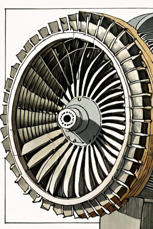 Illustration of a cross section of a jet engine turbine  by David Macaulay 