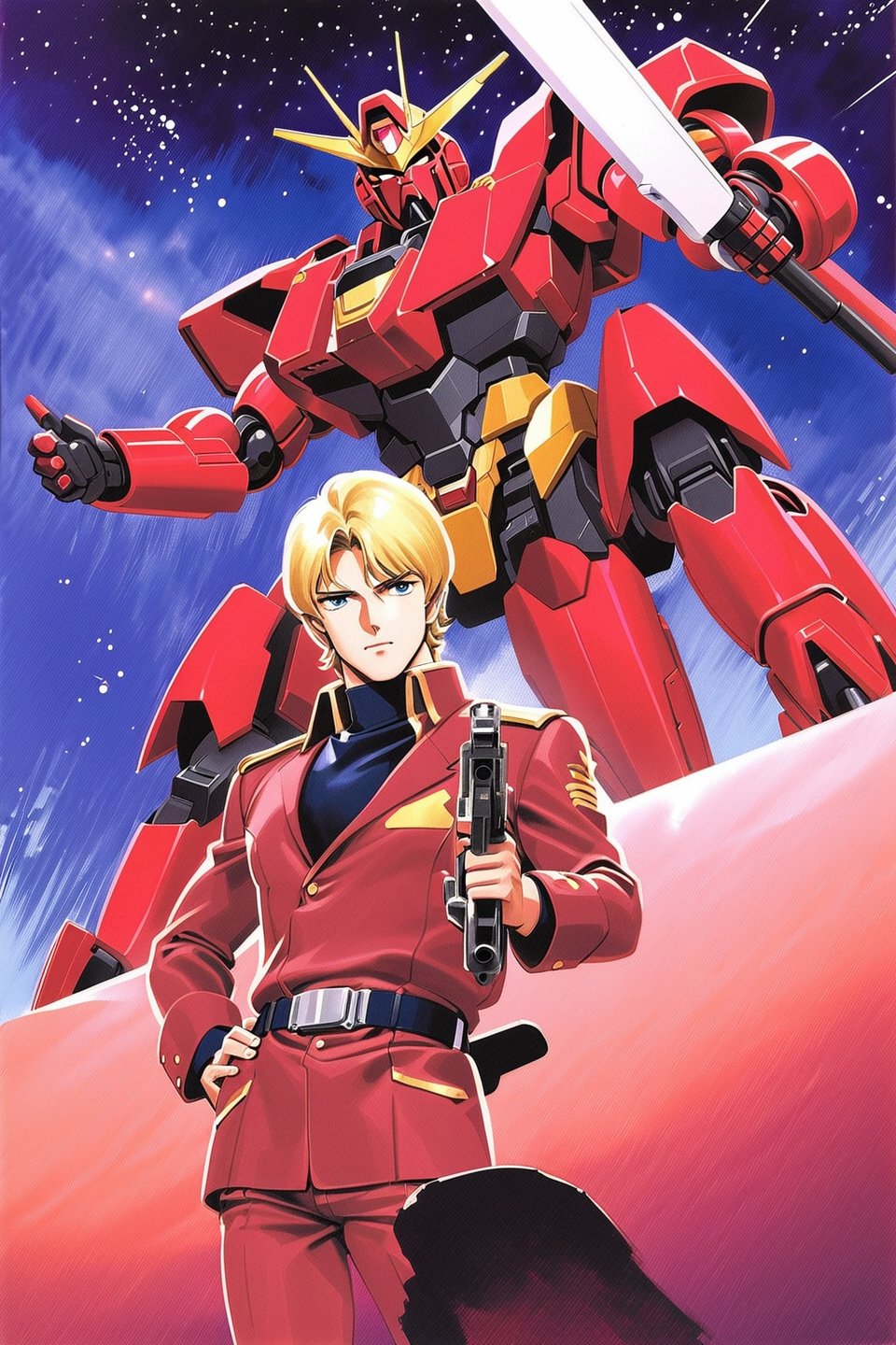 Char Aznable, 1boy, mecha, robot, blonde hair, male focus, uniform, gun, blue eyes, weapon, space, shield, military, hand on hip, military uniform, beam rifle, traditional media, energy gun, science fiction, belt, mobile suit, holding, watercolor \(medium\),