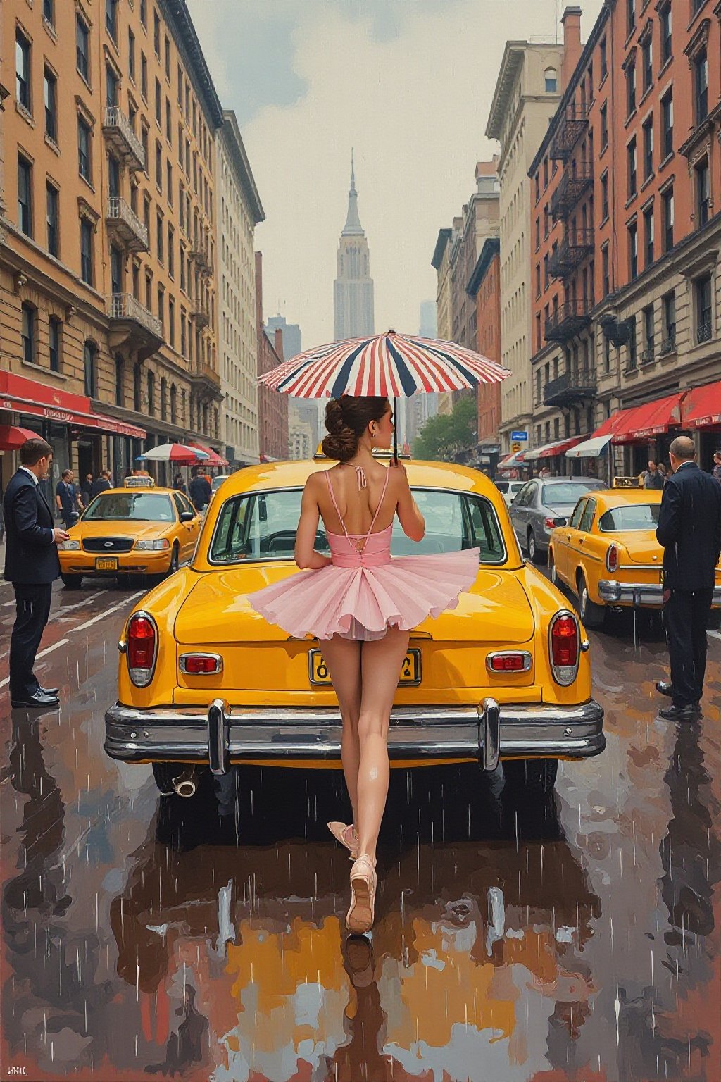 Oil Painting of a yellow Taxi in New York, a ballet girl's back with a stripe umbrella, short skirt, dancing, rainy day, buildings, full-length photograph, in Wes Anderson style, the grand hotel Budapest style, outdoor, unrealistic, symmetrical right in the middle, a front view, pink and amber color is the main pastel tone