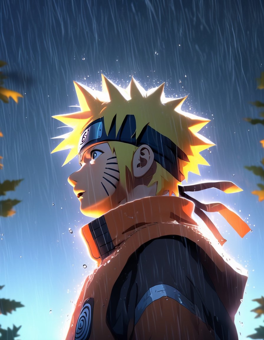 Photo Profile of Naruto looking up at the stars in heavy rain, wet leaves anime style, key visual, vibrant, studio anime, highly detailed