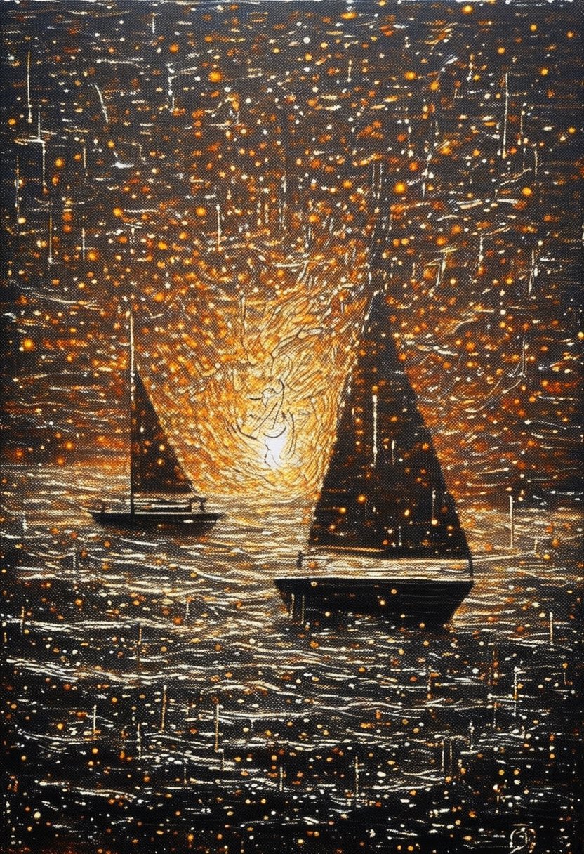 sparkles, painting on an old canvas, sunset on the beach , yatch on the sea, energetic strokes, black and bronze palette, fine and detailed strokes, Ectoparasitism, Lungs