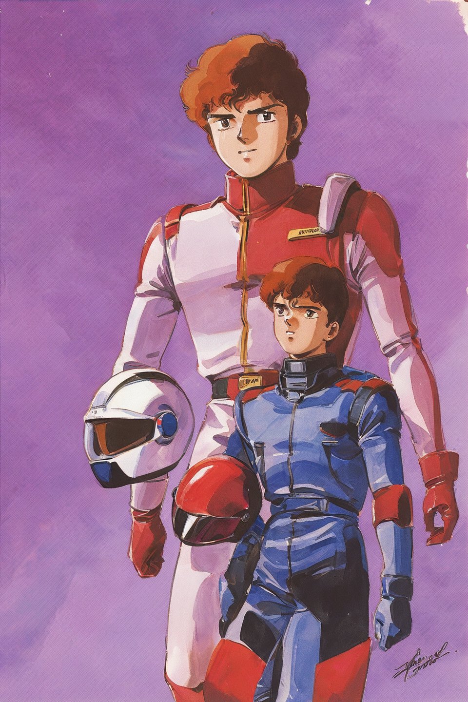 Amuro Ray, 1boy, helmet, male focus, brown hair, solo, retro artstyle, spacesuit, signature, pilot suit, science fiction, helmet removed, walking, gloves, 1980s (style), brown eyes, headwear removed, traditional media, watercolor \(medium\)