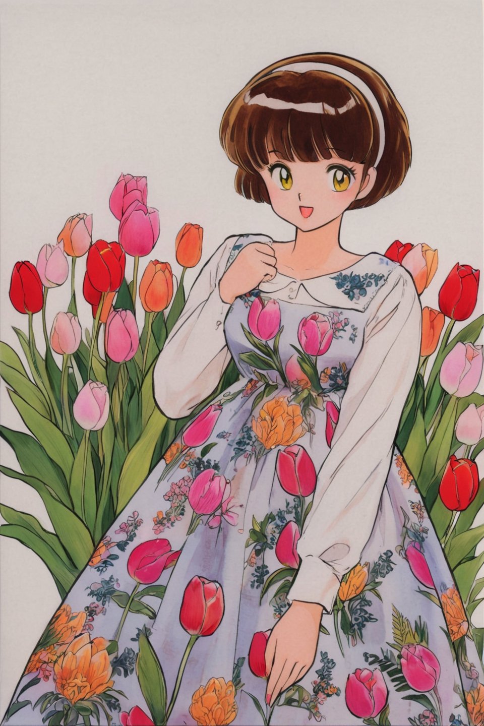 1girl, flower, short hair, brown hair, solo, long sleeves, pink flower, open mouth, white background, smile, dress, yellow eyes, hairband, bangs, simple background, feet out of frame, retro artstyle, shirt, floral print, white shirt, tulip, print dress, traditional media